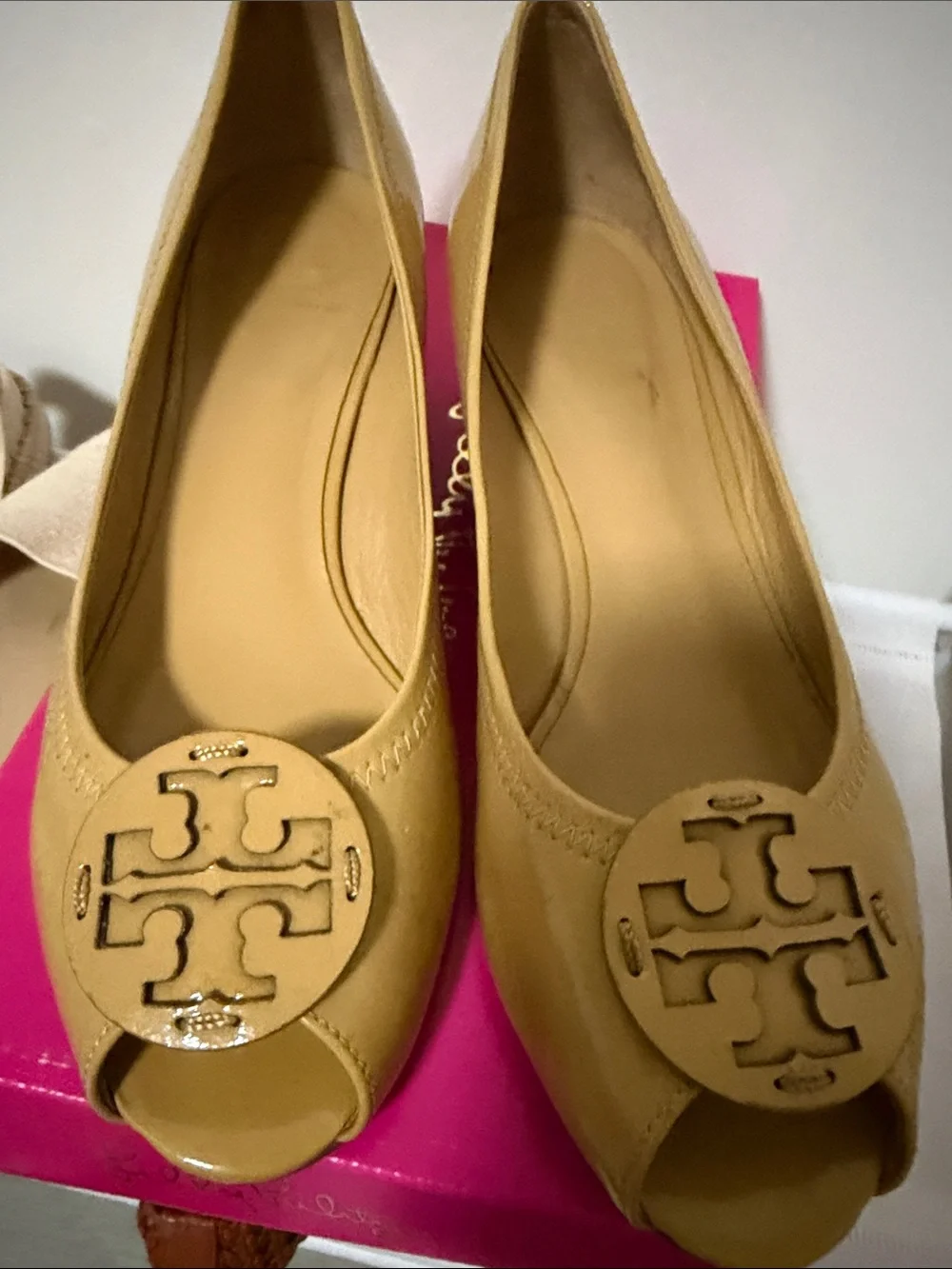Tory Burch Mustard Tan Leather Peep-Toe Wedges with Logo Medallion